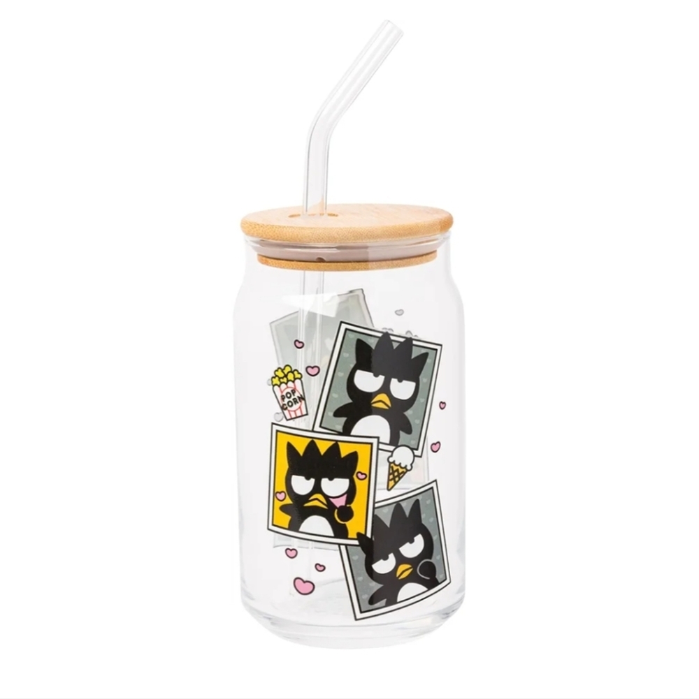 Sanrio Hello Kitty and Friends Badtz-Maru Polaroids Glass Jar Tumbler with Bambo